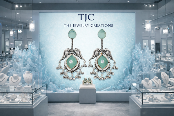 Silver Replica | Green Chalcedony & Pearl | Oxidised Kashmiri Earrings |