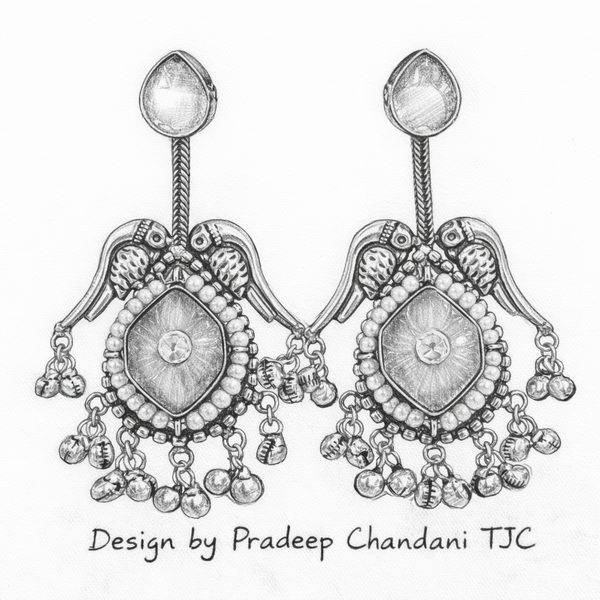 Silver Replica | Aqua Grey Chalcedony & Pearl | Oxidised Kashmiri Earrings |
