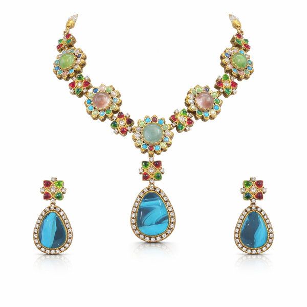 Navratan Sabyasachi Inspired | Matte Gold Finish | Necklace Set with Earrings |