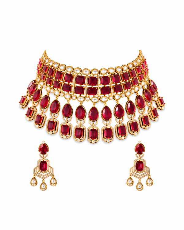 Premium Quality | Precious Inspired ColorStone | Necklace Set | Red Color |