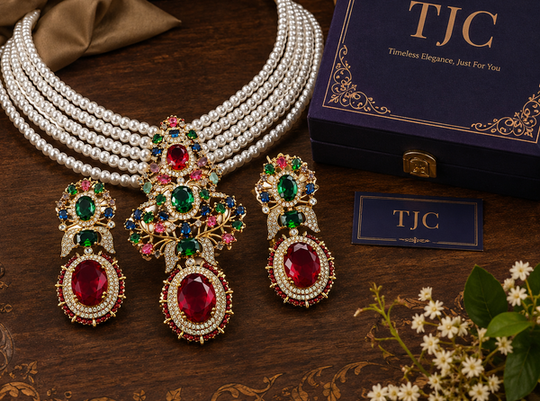 Premium Quality | Monalisa Stone | Choker Set | Red & Green Color |