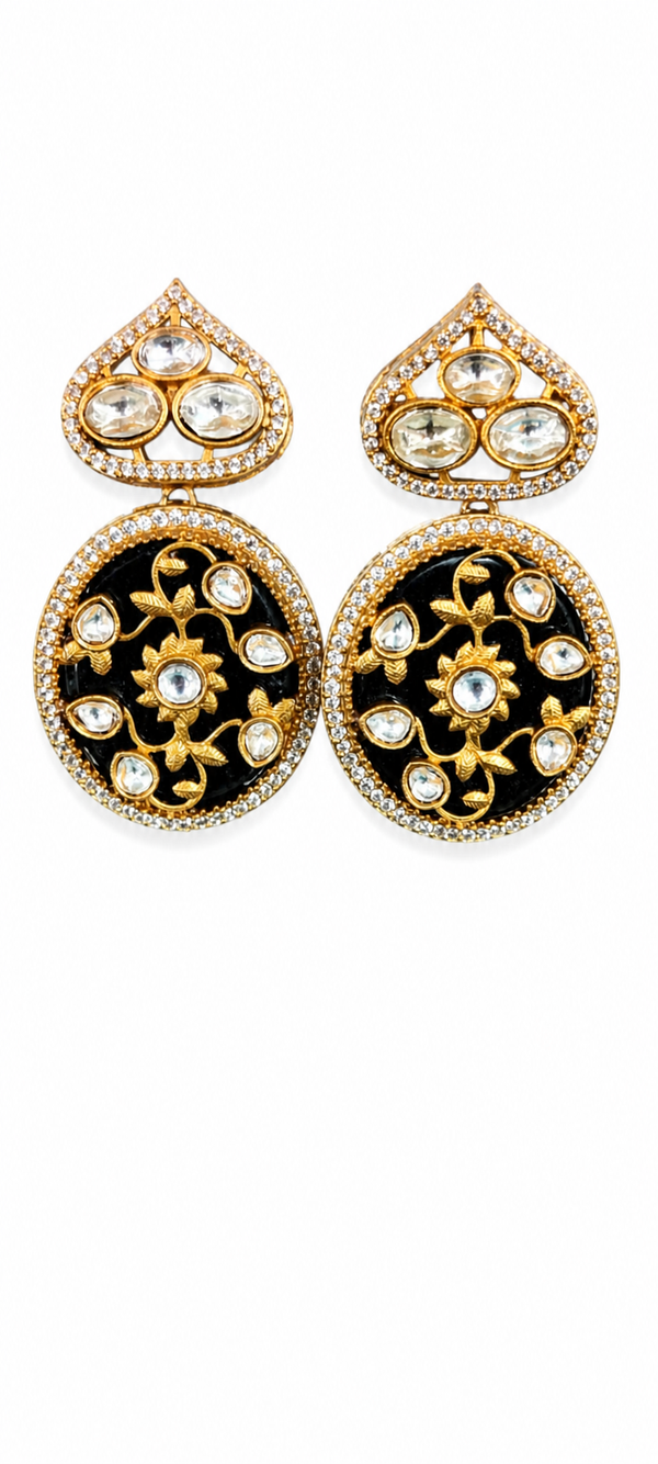 Premium Quality | Black Monalisa Stone | Gold Plated | Polki Earrings |