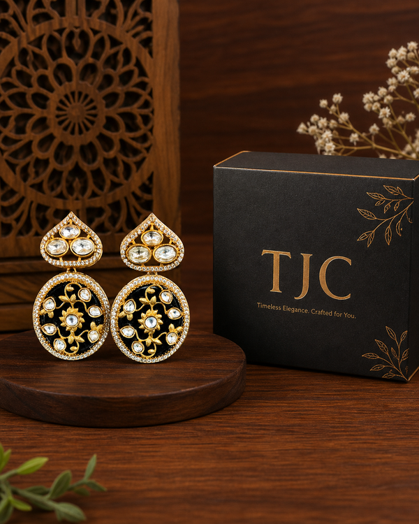 Premium Quality | Black Monalisa Stone | Gold Plated | Polki Earrings |