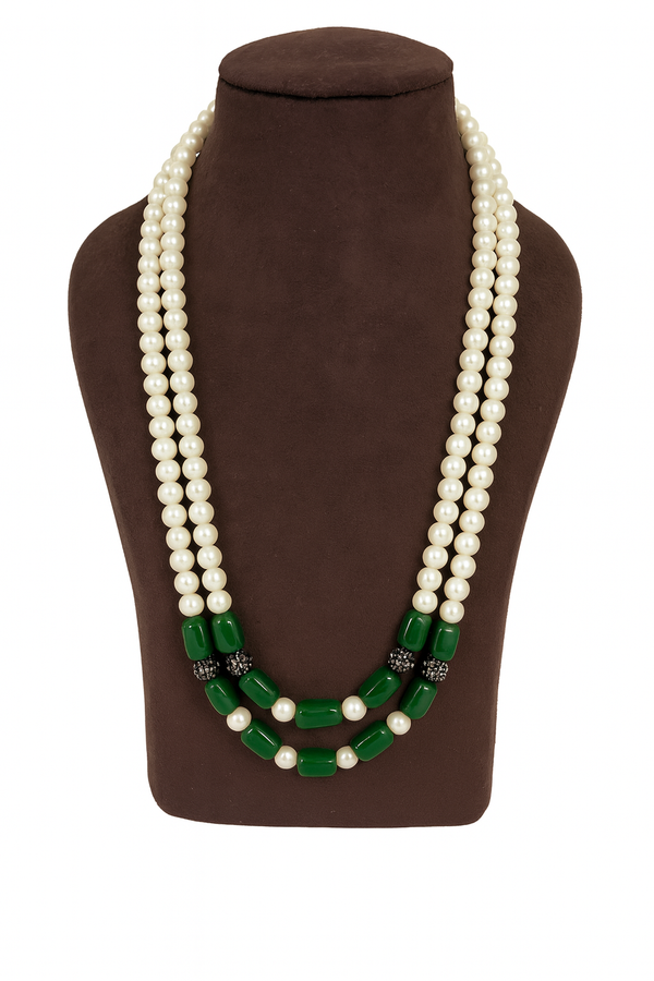 Premium Pearl Mala with Green Glass Cabochon Pendant – 24 to 26 Inches