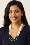 Premium Pearl Mala with Green Glass Cabochon Pendant – 24 to 26 Inches