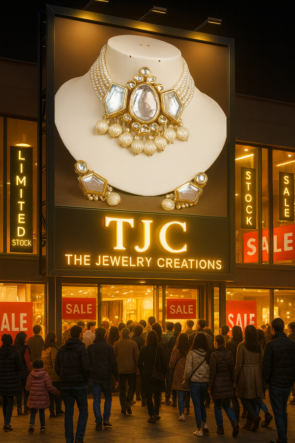 Kundan Meena Semi-Bridal Choker Necklace Set with Green Hand-Painted Glass Cab & Polki Stones