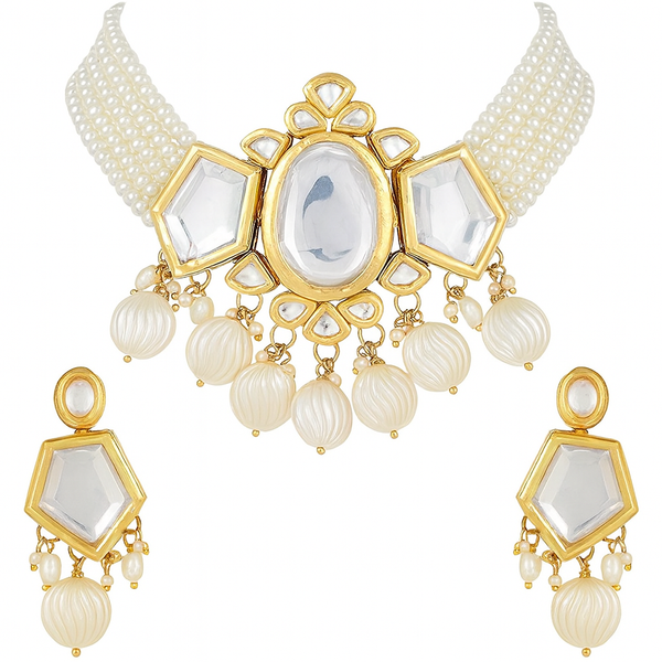 Kundan Meena Semi-Bridal Choker Necklace Set with Green Hand-Painted Glass Cab & Polki Stones