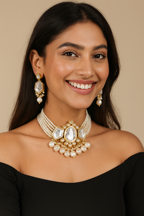 Kundan Meena Semi-Bridal Choker Necklace Set with Green Hand-Painted Glass Cab & Polki Stones