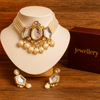 Kundan Meena Semi-Bridal Choker Necklace Set with Green Hand-Painted Glass Cab & Polki Stones