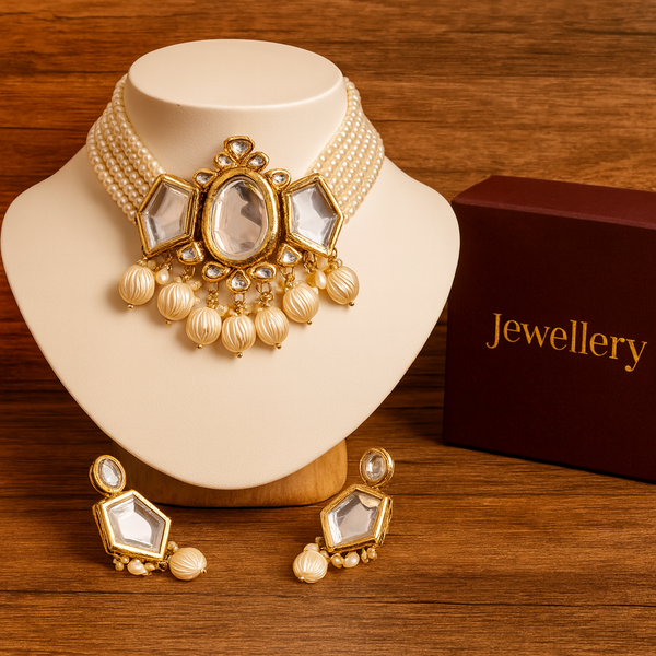 Kundan Meena Semi-Bridal Choker Necklace Set with Green Hand-Painted Glass Cab & Polki Stones