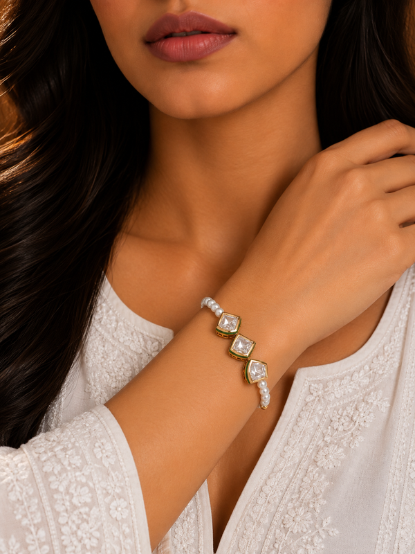 Premium Quality | White Pearl | Kundan Polki | Bracelet |