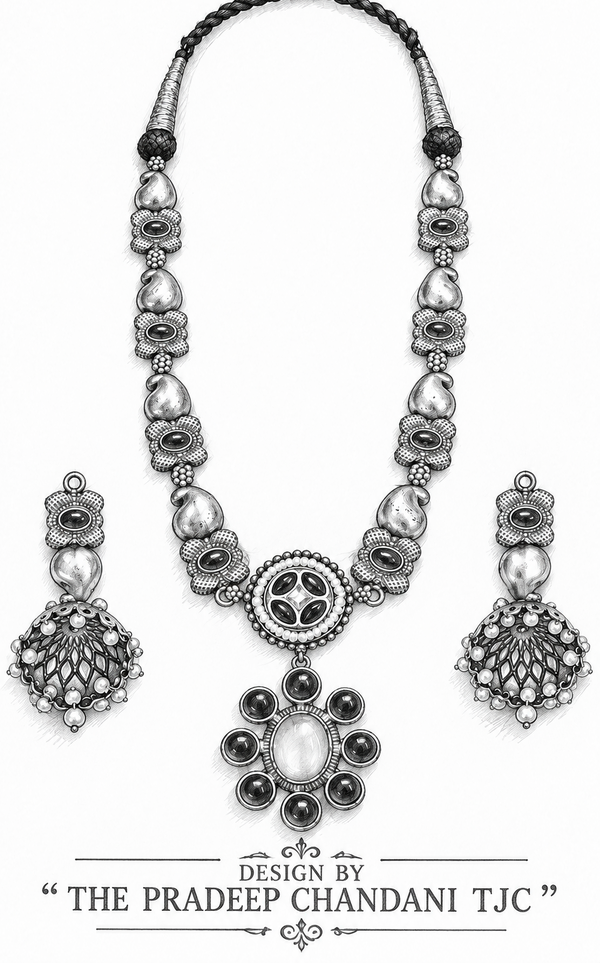 Premium Quality | German Silver | Necklace Set with Earrings | Emerald Color |