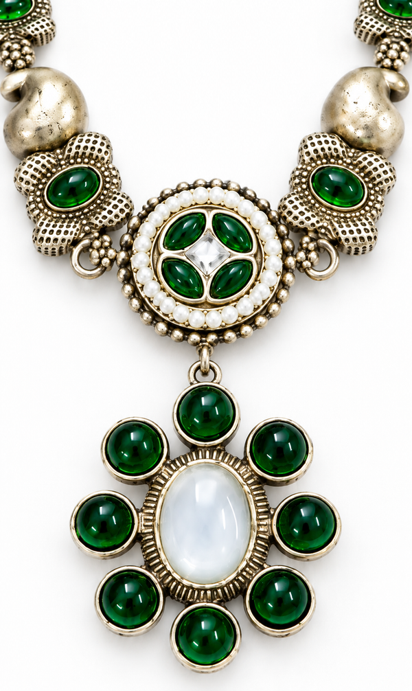 Premium Quality | German Silver | Necklace Set with Earrings | Emerald Color |