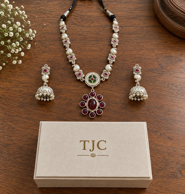 Premium Quality | German Silver | Necklace Set with Earrings | Ruby Color |