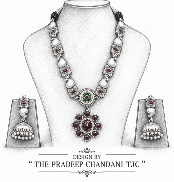 Premium Quality | German Silver | Necklace Set with Earrings | Ruby Color |