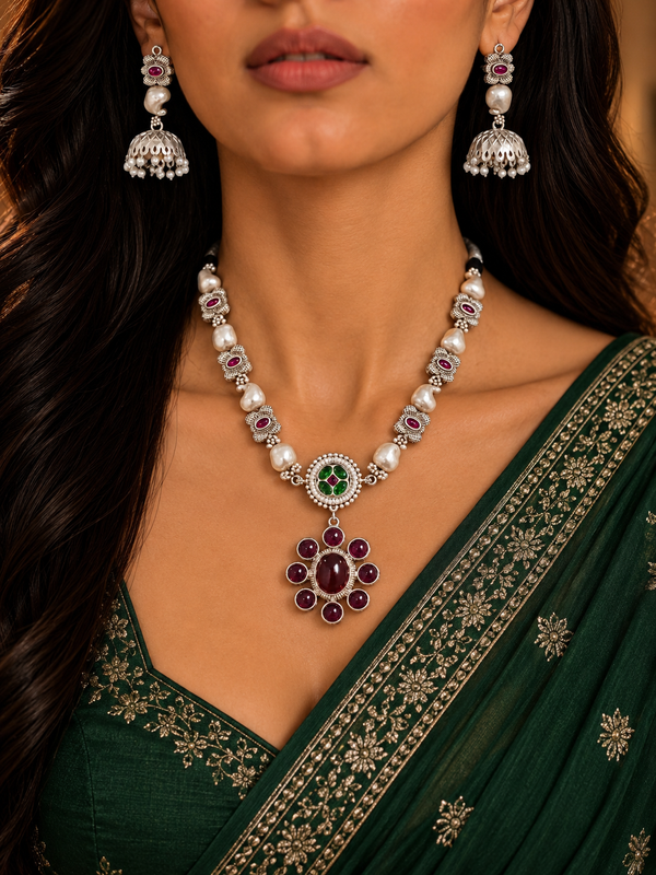 Premium Quality | German Silver | Necklace Set with Earrings | Ruby Color |