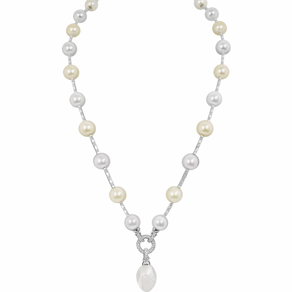 Mother of Pearl Brass Beaded Necklace/ Mala With American Diamond Accent & Statement Piece