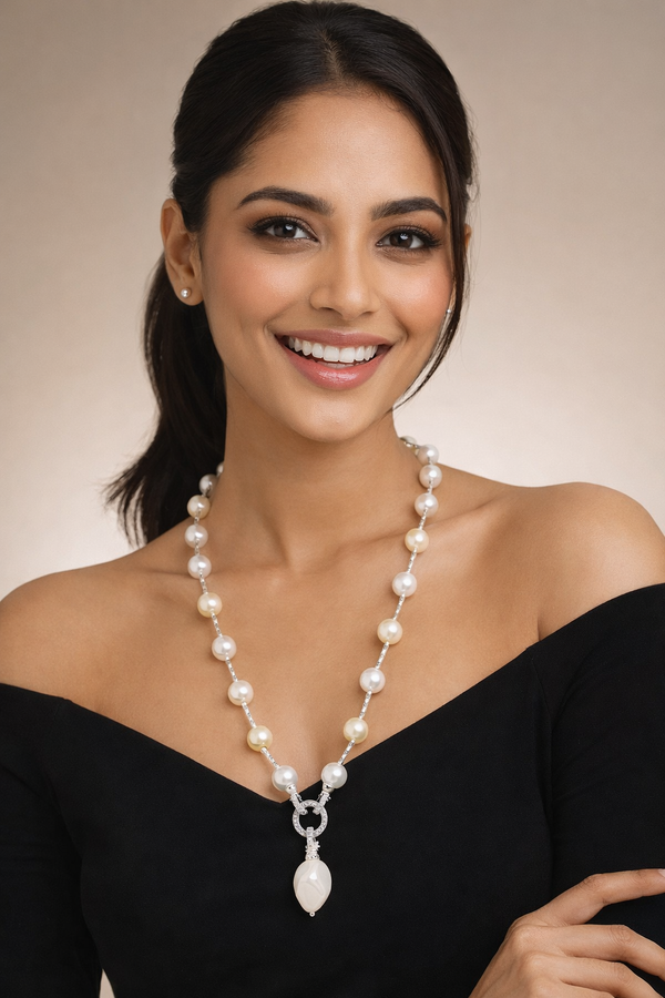 Mother of Pearl Brass Beaded Necklace/ Mala With American Diamond Accent & Statement Piece