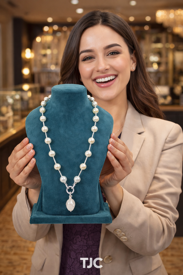 Mother of Pearl Brass Beaded Necklace/ Mala With American Diamond Accent & Statement Piece