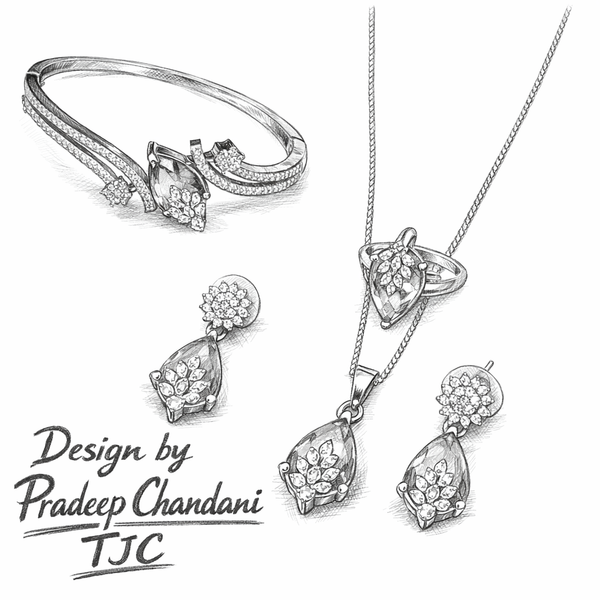 Swiss Blue Topaz Inspired Faceted Glass ComboJewelry Set With American Diamond Accents | Premium Quality Earrings ,Ring , Kada And Chain Pendant