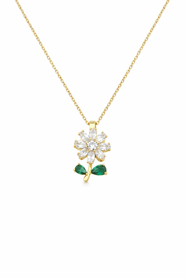 Premium Anti-Tarnish AD Chain Pendant Locket Set inFlower Shape With White & Green Sparkle