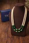 Premium Pearl Mala with Green Glass Cabochon Pendant – 24 to 26 Inches