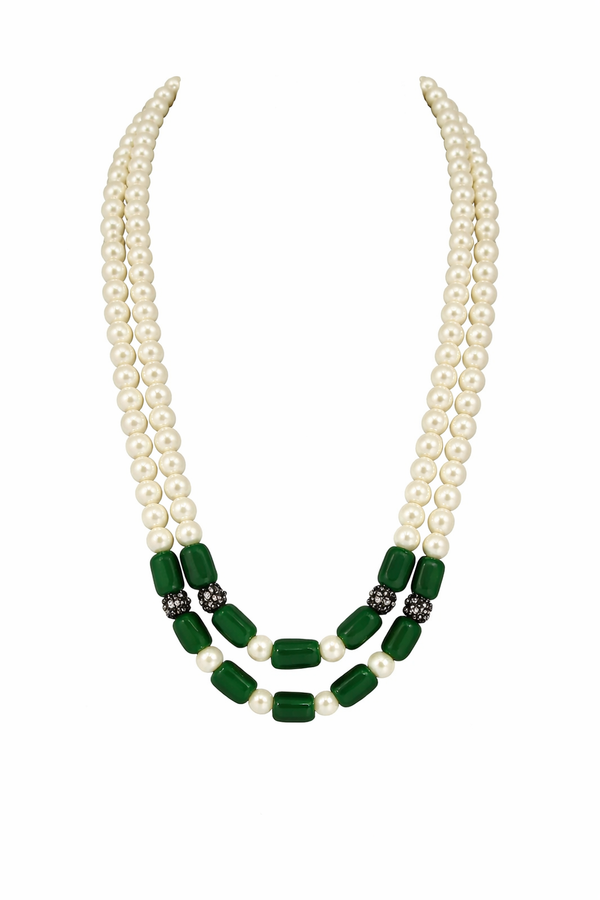 Premium Pearl Mala with Green Glass Cabochon Pendant – 24 to 26 Inches