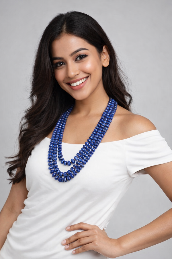 Lapis Lazuli Inspired Indian Glass Stone Beaded Necklace (3-Layer Mala, Free Size)