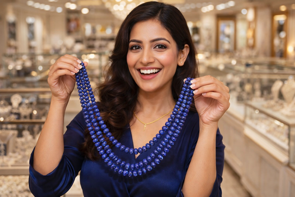 Lapis Lazuli Inspired Indian Glass Stone Beaded Necklace (3-Layer Mala, Free Size)