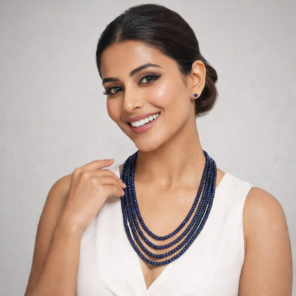 Natural Blue Sapphire Inspired Montana Deep Blue Diamond Cut Onyx Glass Beads Stone Beaded Necklace & Premium Celebrity Wear Bollywood Inspired Statement Mala Necklace Set(4-Layer Mala)