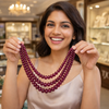 Pink Ruby Inspired Melon-Shaped Onyx Glass Stone Beaded Necklace (3-Layer Mala) & Statement Necklace Bollywood Inspired Celebrity Wear Necklace Mala