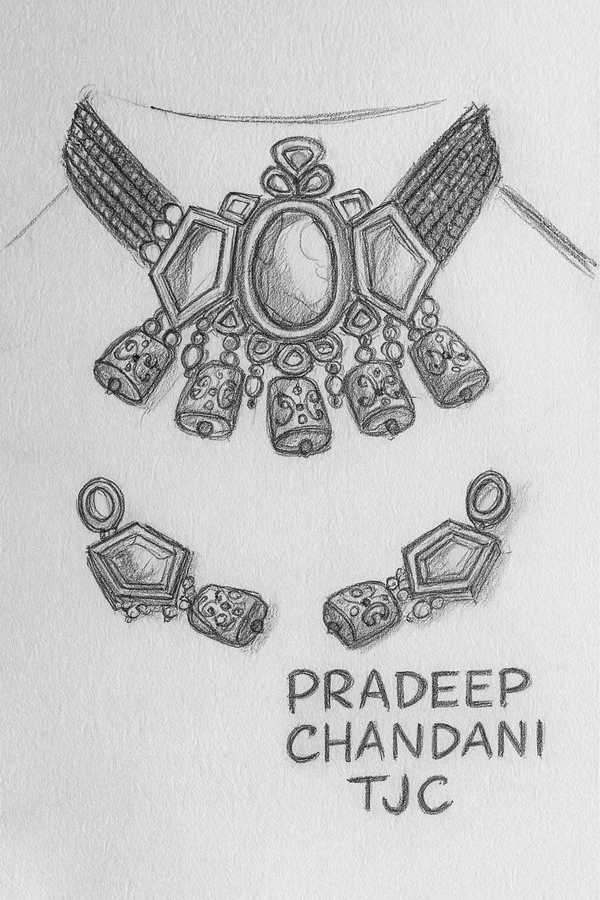 Kundan Meena Semi-Bridal Choker Necklace Set with Green Hand-Painted Glass Cab & Polki Stones