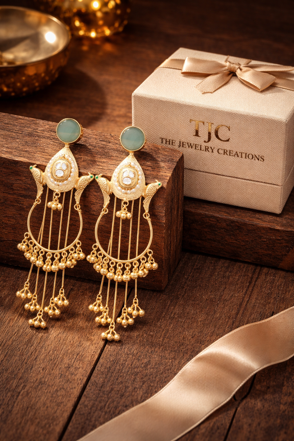 Monalisa Gemstone | Round Pearl | Kashmiri Earrings | Statement Earrings |