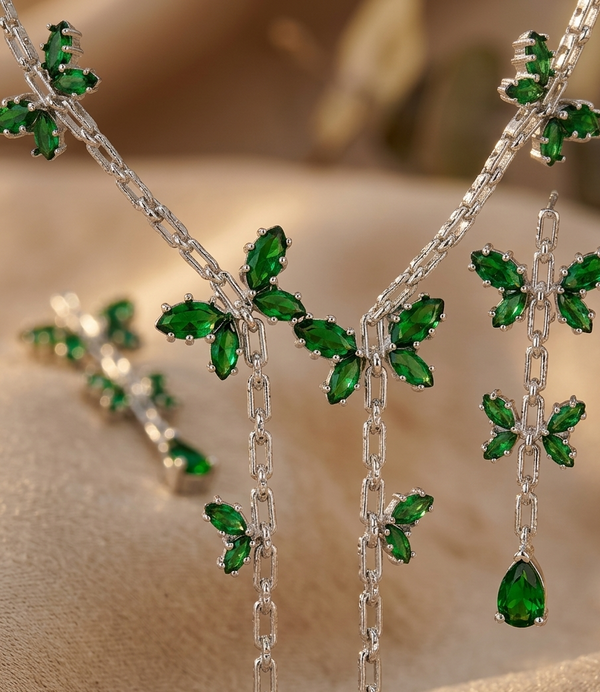 Green EmeraldInspired | American Diamond Accents | Chain Pendant Set With Earrings |