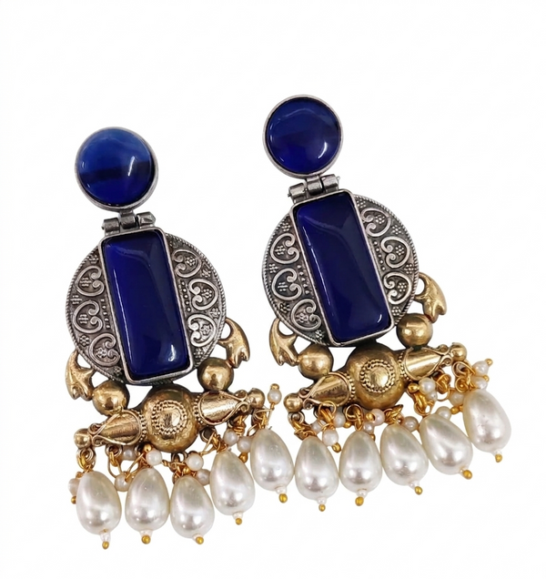 Sapphire Blue Glass | Silver & Gold (Dual) Plated | Silver Replica Oxisidised Earrings |
