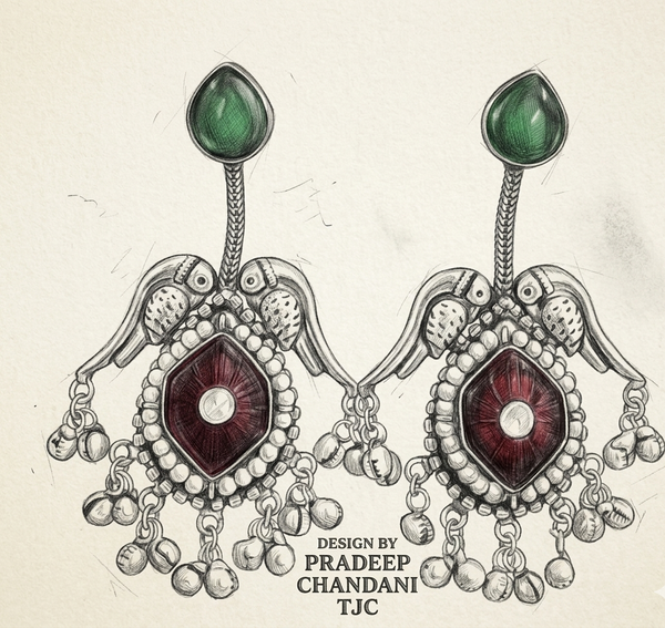 Silver Replica | Red Chalcedony & Pearl | Oxidised Kashmiri Earrings |