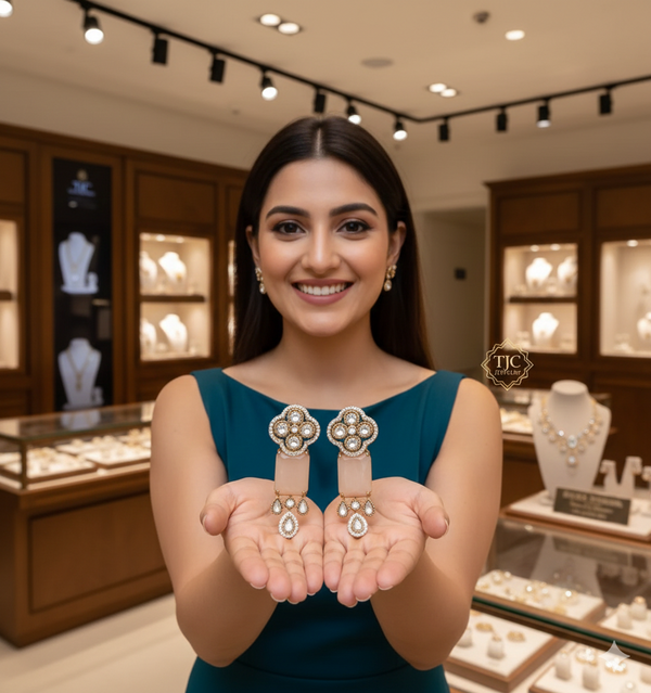 Traditional Long Tops Earrings in Peach Aventurine with Premium Quality & 14K Antique Gold Plated Earrings