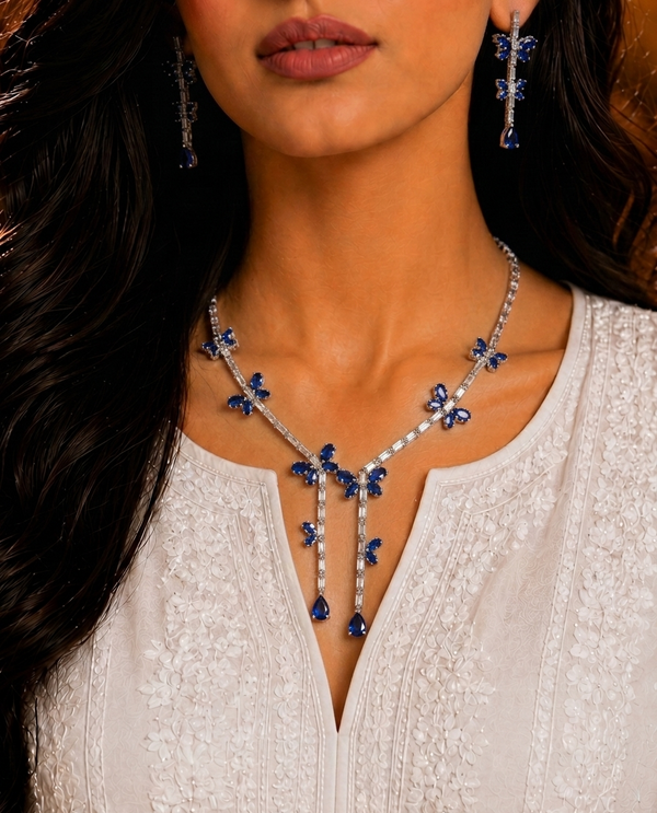 Blue Sapphire Inspired | American Diamond Accents | Chain Pendant Set With Earrings |