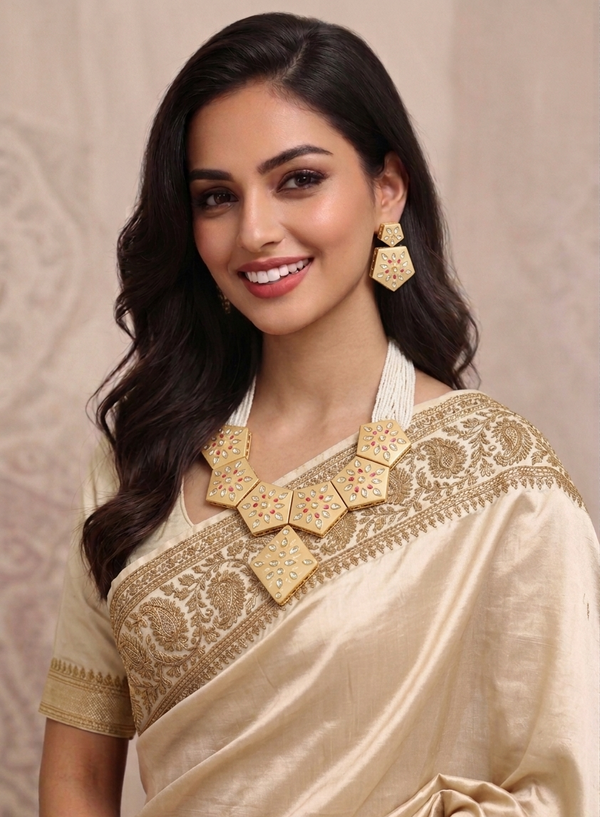 Premium Quality | Pearl Beaded | Meenakari Choker Necklace with Earrings | Handmade Jewelry |