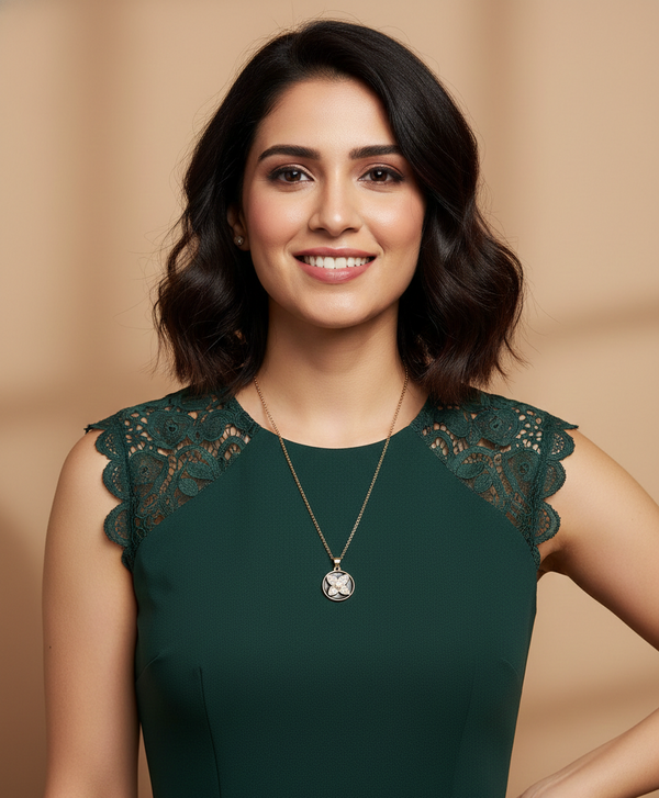 Anti - Tarnish Gold Plated Star Round Coin Clover Flower Premium Quality Chain Pendant with Black Enamel
