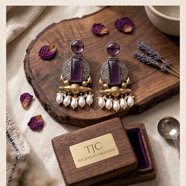 Amethyst Glass | Silver & Gold (Dual) Plated | Silver Replica Oxisidised Earrings |