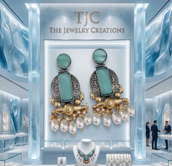 Aqua Monalisa Glass | Silver & Gold (Dual) Plated | Silver Replica Oxisidised Earrings | Rich text editor