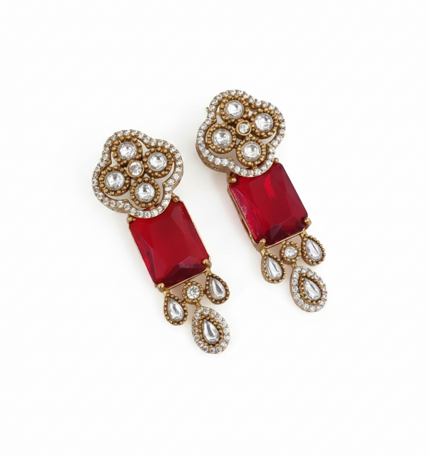 Traditional Long Tops Earrings in Ruby Red with Premium Quality & 14K Antique Gold Plated Earrings