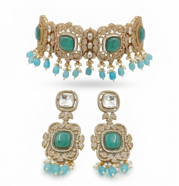 Monalisa Mint Green | American Diamond Choker Necklace Set with Earrings | Elegant Jewelry |