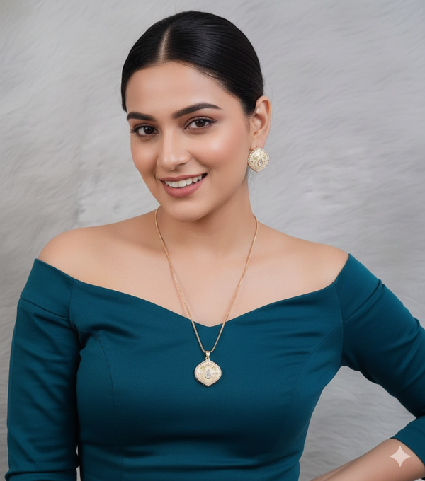 TJC Traditional Indian Moissanite Glass Polki Chain Pendant – 22K Gold Plated (Adjustable 22–24 Inch)