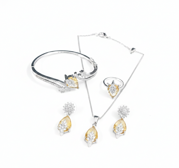 Yellow Sapphire Inspired Faceted Glass ComboJewelry Set With American Diamond Accents | Premium Quality Earrings ,Ring , Kada And Chain Pendant