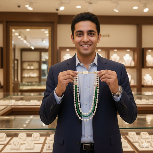 Green Emerald–Inspired Synthetic Pearl Premium Quality Designer Necklace (3-Layer Mala)