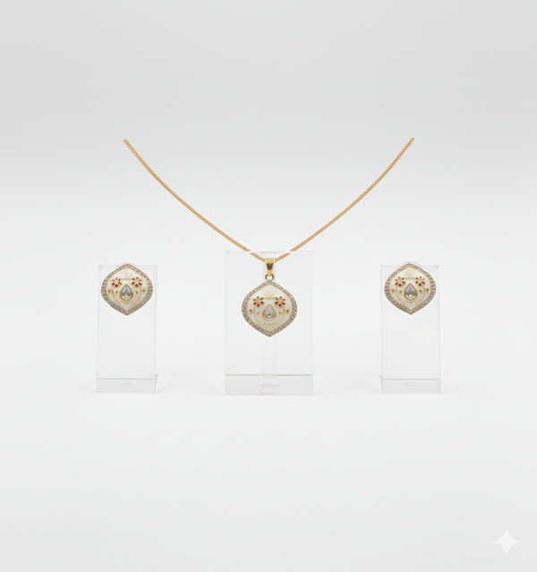 Italian Enamel Peach & Red Moissanite Polki Chain Pendant / Necklace Set