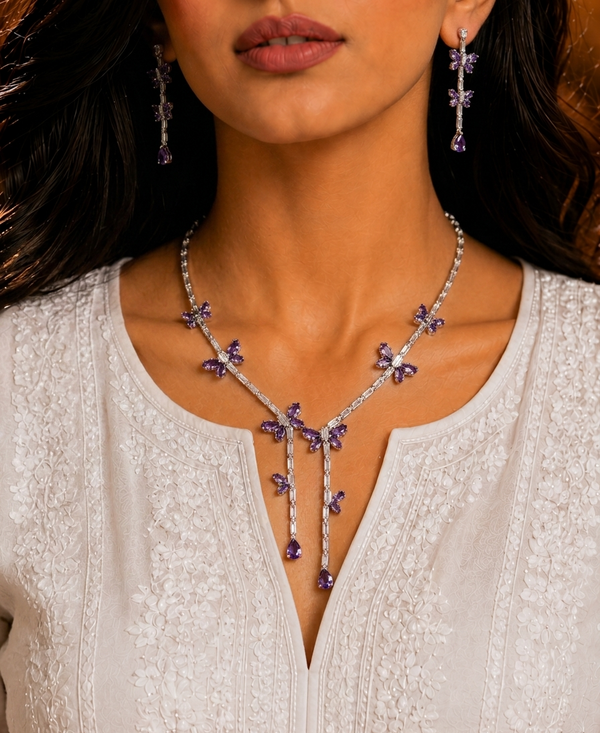 Amethyst Sapphire Inspired | American Diamond Accents | Chain Pendant Set With Earrings |
