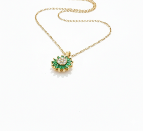 Anti - Tarnish Green Emerald Inspired Bloom Round Flower Shape Premium Chain Pendant with CZ accents